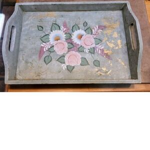 Vintage Hand Painted Floral Wooden Tray Sage Green Pink Roses Gold Leaf 17x12